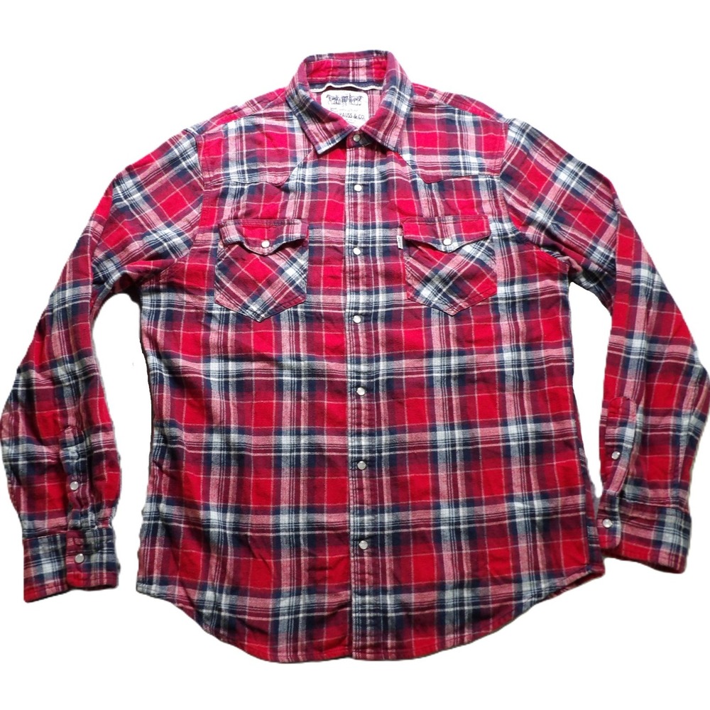 Levi's Western Cut Men M Red Plaid Pearl Snap Flannel Long Sleeve Cotton Cowboy